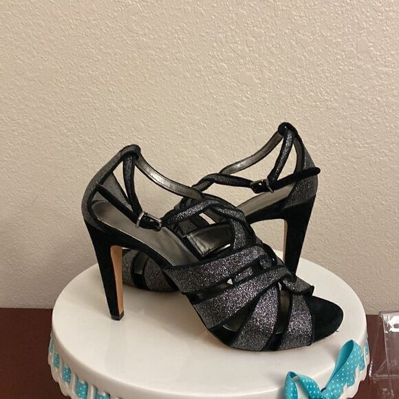 Antonio Melani black/grafite sparkly high heel sandals ankle strap 9M - Picture 5 of 5